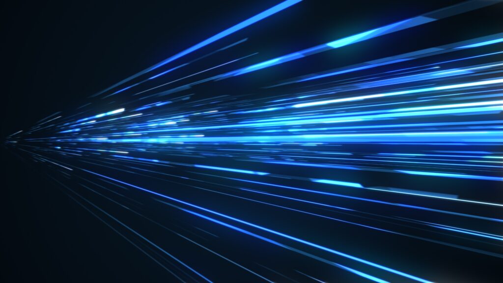 Blue lines symbolize data transmission over a cable network system.